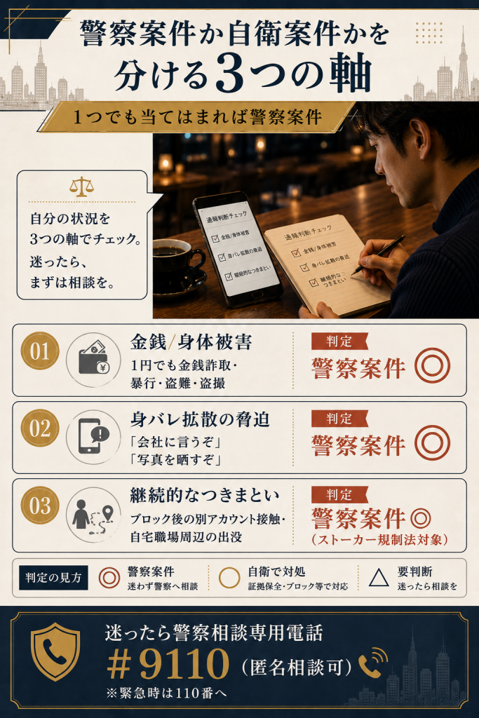 ナイモントラブルが警察案件か自衛案件かを判定する3つの軸(金銭/身体被害・身バレ拡散の脅迫・継続的なつきまとい)を示す判定フレーム
