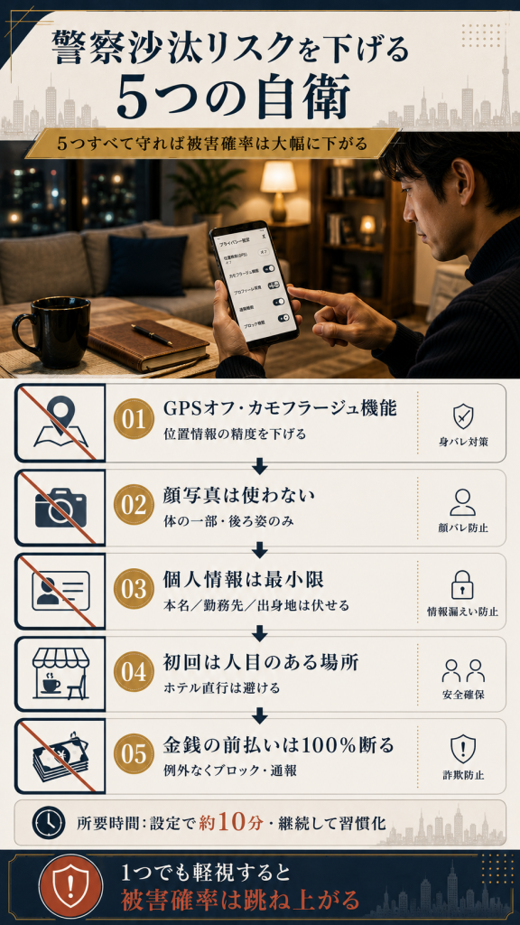 ナイモンで警察沙汰リスクを下げる5つの自衛策(GPSオフ・顔写真非掲載・個人情報最小化・人目のある場所での初回・前払い拒否)のステップ図