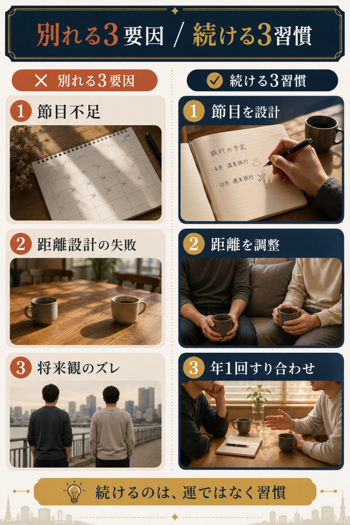 ゲイカップルが別れる3要因(節目不足・距離設計失敗・将来観のズレ)と続く3習慣(節目を設計・距離を調整・年1回すり合わせ)の対比図解