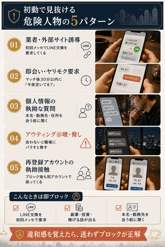 ナイモンの危険人物5パターンと即ブロック判定の3チェックを整理した図解