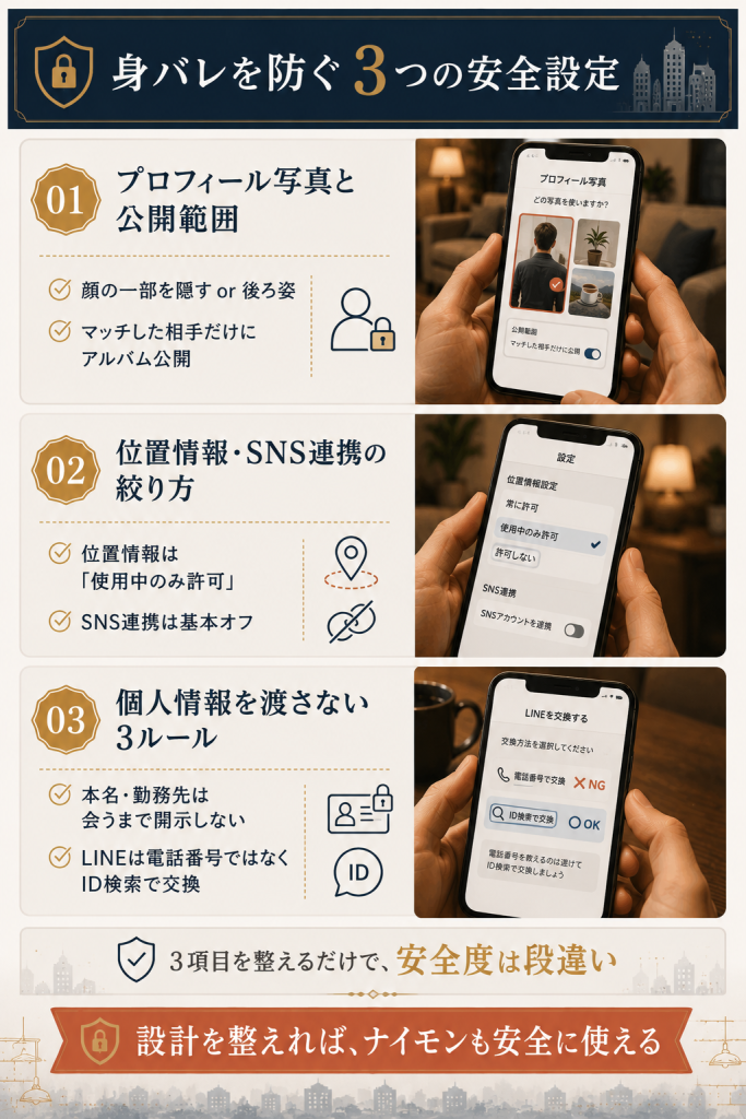 ナイモンで身バレを防ぐ3つの安全設定(写真・位置情報・個人情報)のチェックリスト