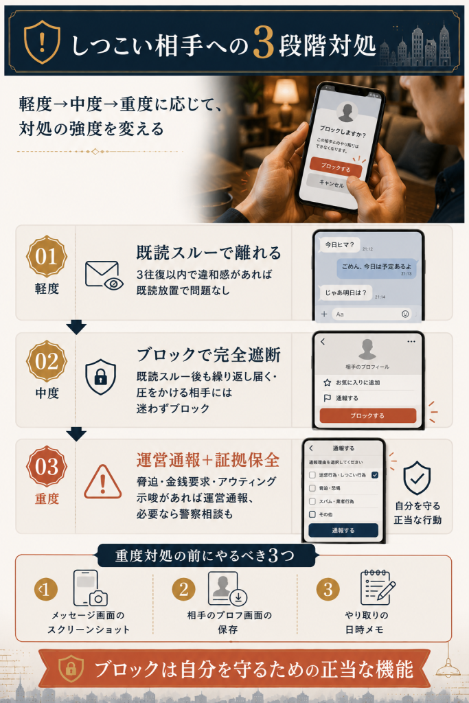 しつこいユーザーへの3段階対処(既読スルー→ブロック→運営通報)のフロー