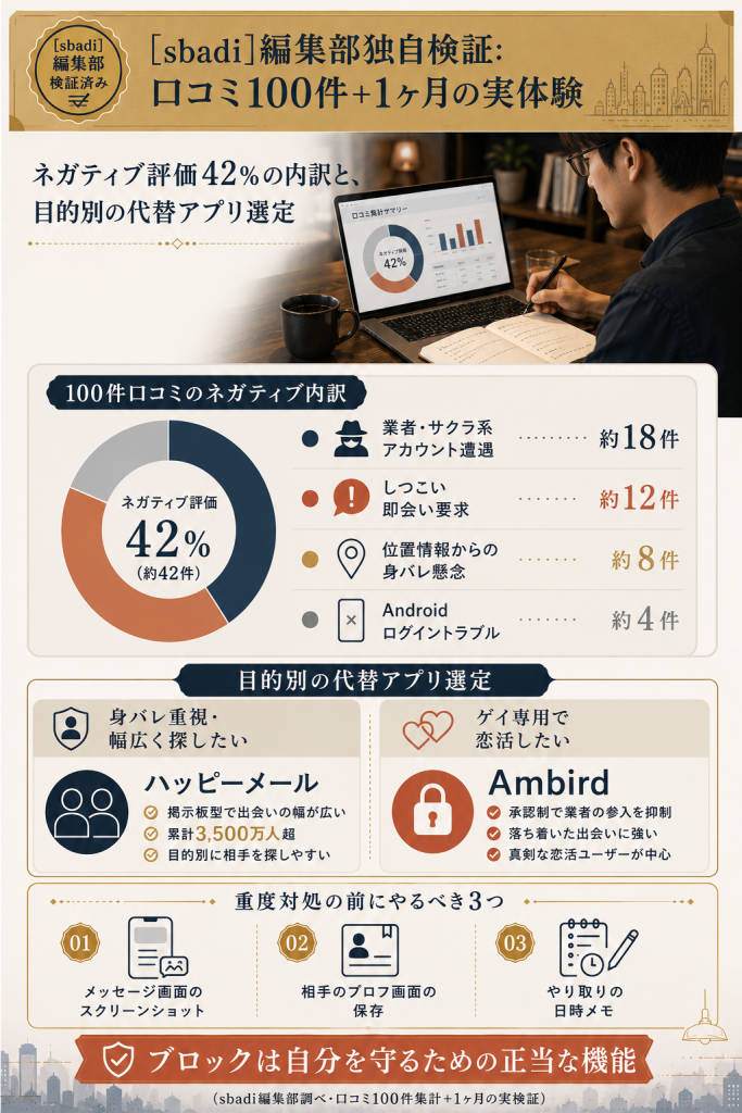 sbadi編集部の独自検証(100件口コミ集計)と目的別代替アプリ選定のverdict