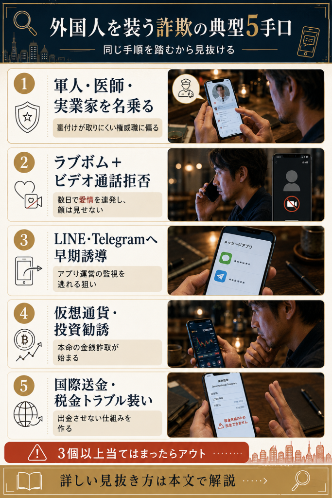 外国人を装う詐欺アカウントが踏む5つの典型手口を一覧化