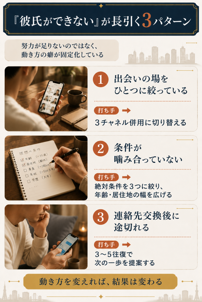 ゲイの彼氏ができない期間が長引く3パターン(場の固執・条件の不整合・連絡先交換後の途切れ)と打ち手を整理した図解