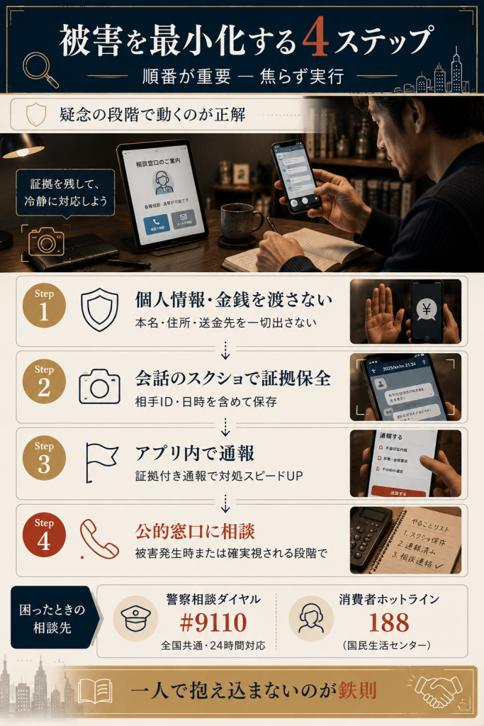 被害最小化の4ステップフロー|情報を渡さない→証拠保全→アプリ内通報→警察相談ダイヤル#9110への流れ