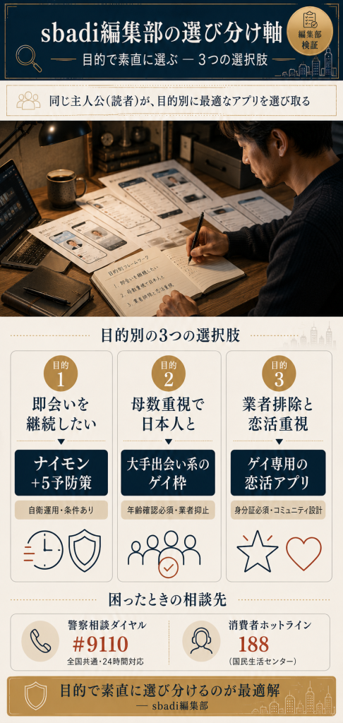 sbadi編集部の選び分けフレームワーク|即会い継続・母数重視・恋活重視の3目的別に最適な選択肢を整理