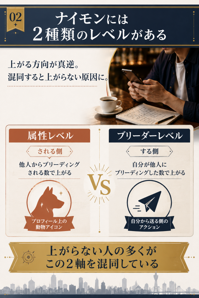 ナイモンの属性レベルとブリーダーレベルの違いを対比で整理した図解