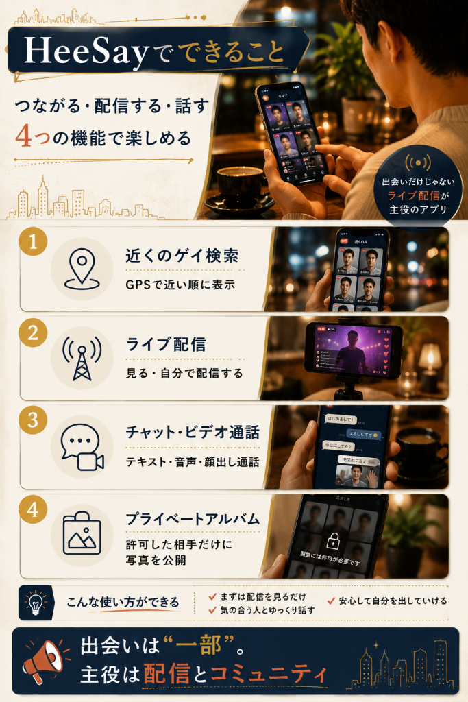 HeeSayの主な機能をライブ配信・チャット・プライベートアルバム等で示した機能整理図