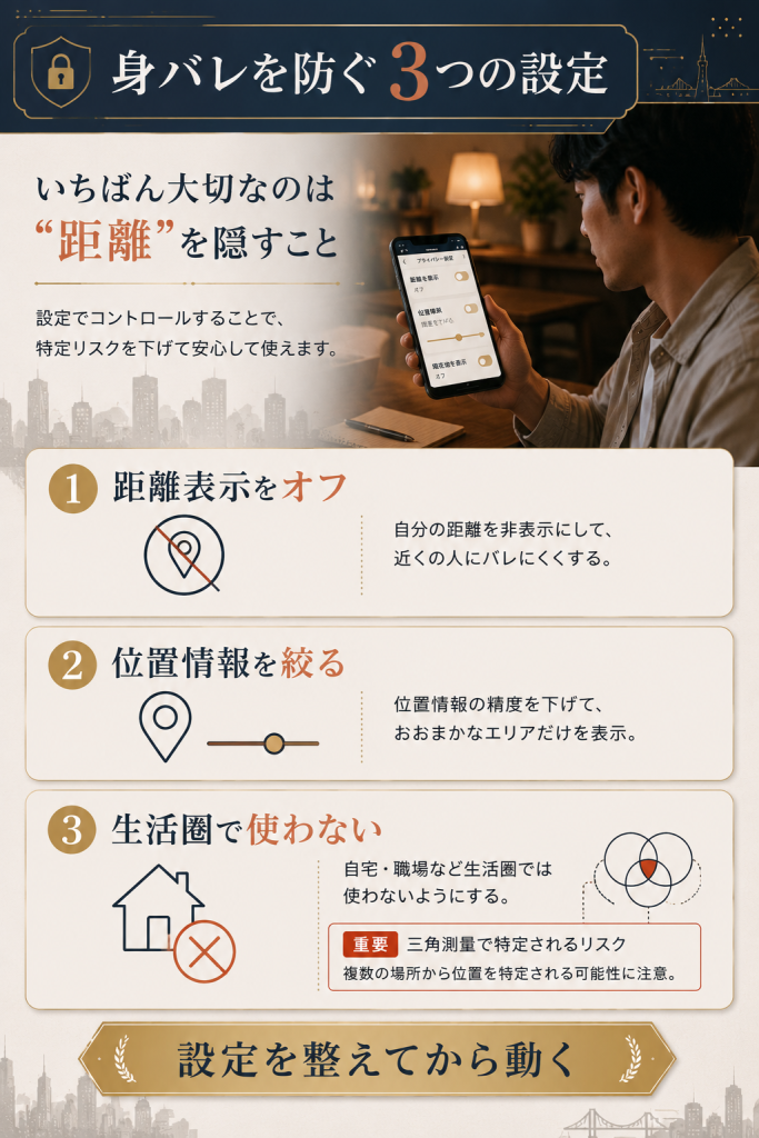 Grindrの身バレ対策3点(距離表示オフ・位置情報の制御・生活圏で使わない)を整理した図解
