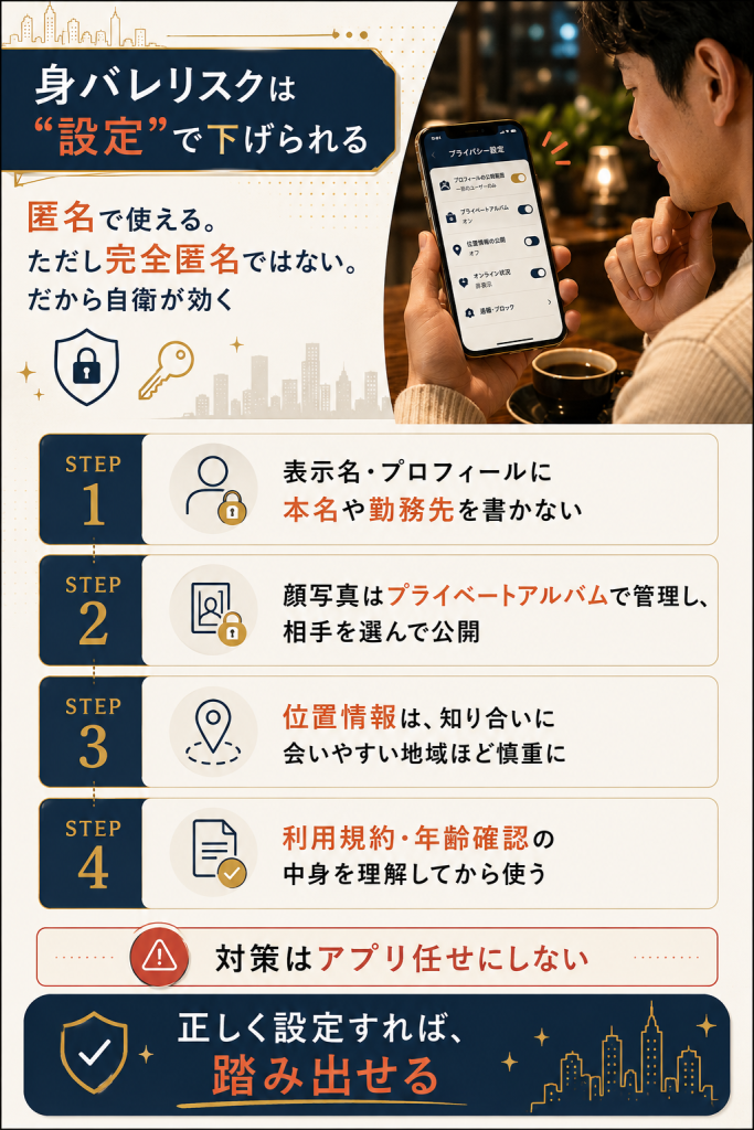 HeeSayの身バレ対策と匿名性の限界を示した安全設定の手順整理図