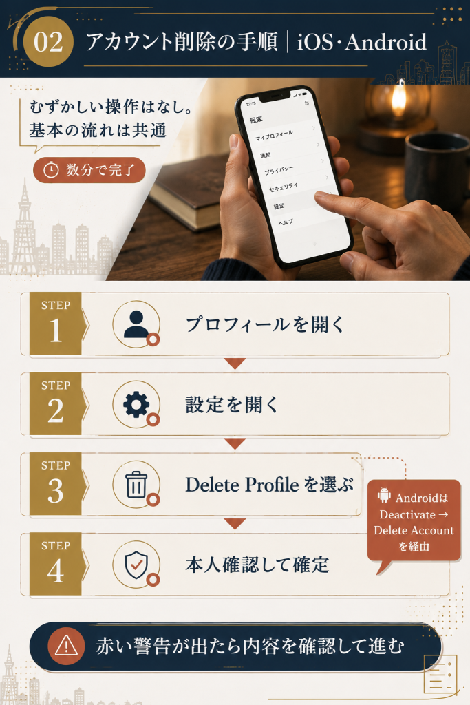 Grindrのアカウント削除をプロフィール・設定・Delete Profile・本人確認の4ステップで示した手順図