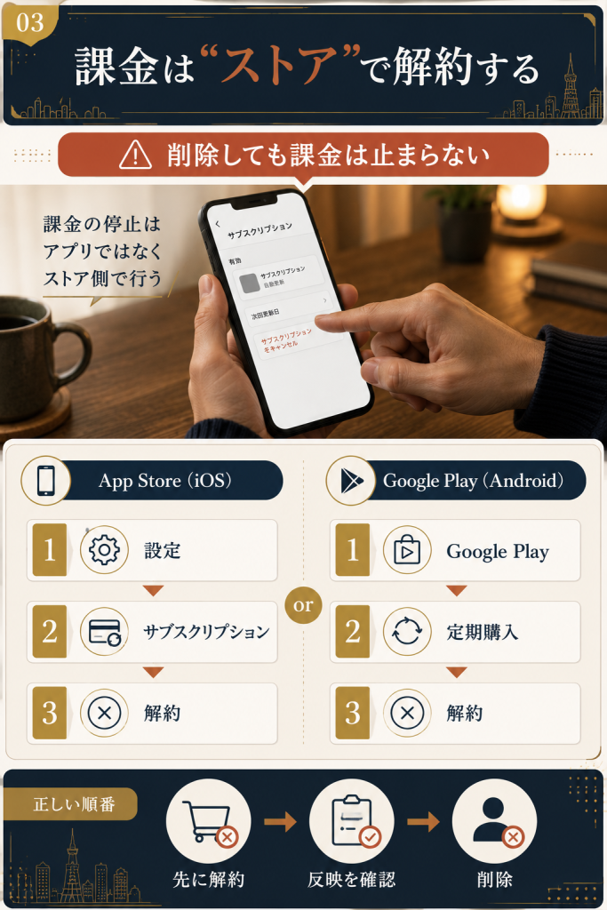Grindrの有料プランはApp StoreまたはGoogle Playで解約し先に解約してから削除する順番を示す図