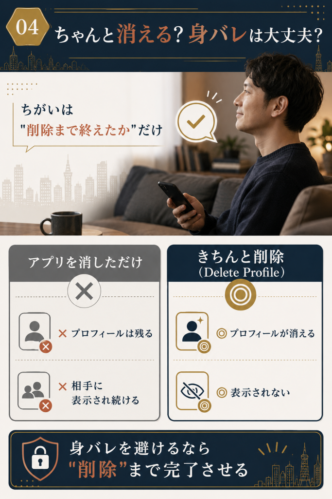 アプリを消しただけではプロフィールが残り削除まで終えれば消えることを対比で示した図