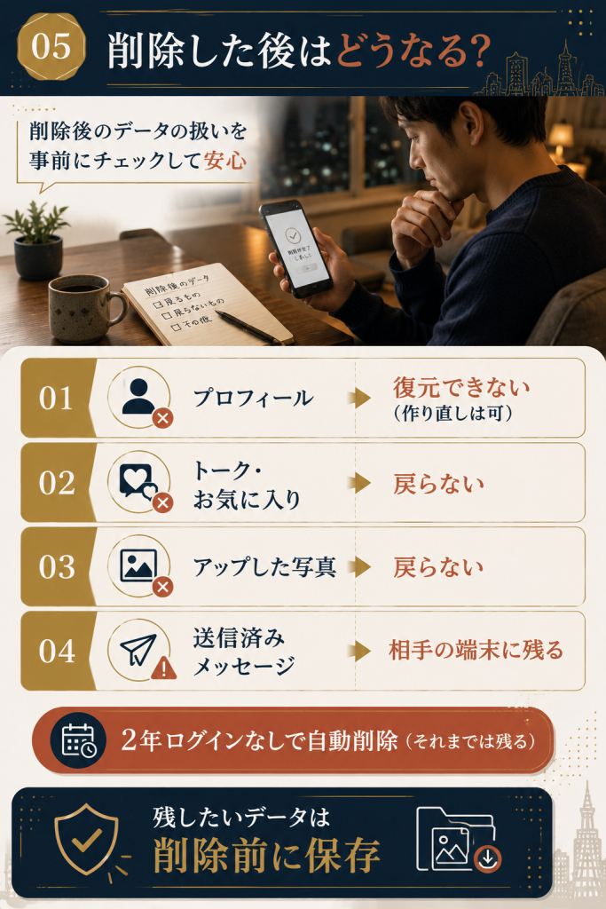 Grindr削除後にプロフィールやトーク写真が戻らず送信済みメッセージは相手に残ることを整理した図
