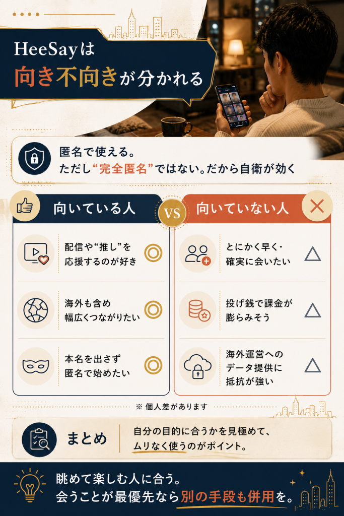 HeeSayが向いている人・向いていない人を両論併記で示した適性レポート図