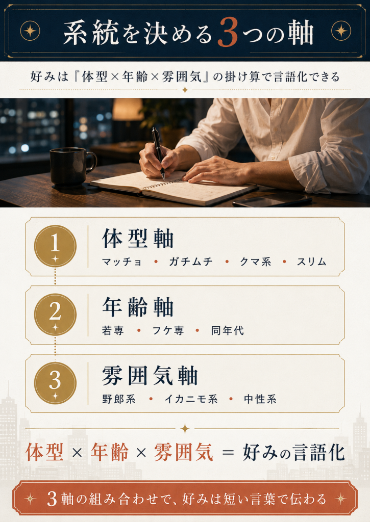 ゲイの系統を決める体型・年齢・雰囲気の3つの軸を整理した図解