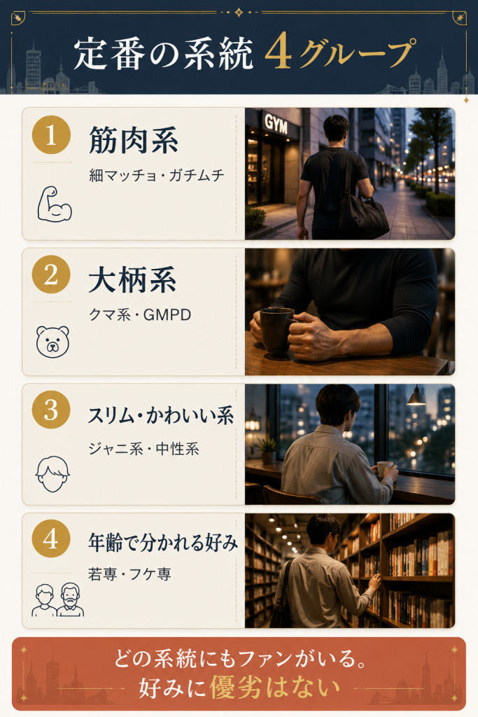 筋肉系・大柄系・スリム系・年齢の好みなど定番4グループの系統を整理した図解