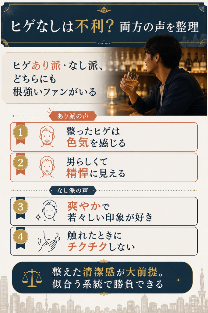ヒゲあり派となし派それぞれの声を両論併記で整理した図解