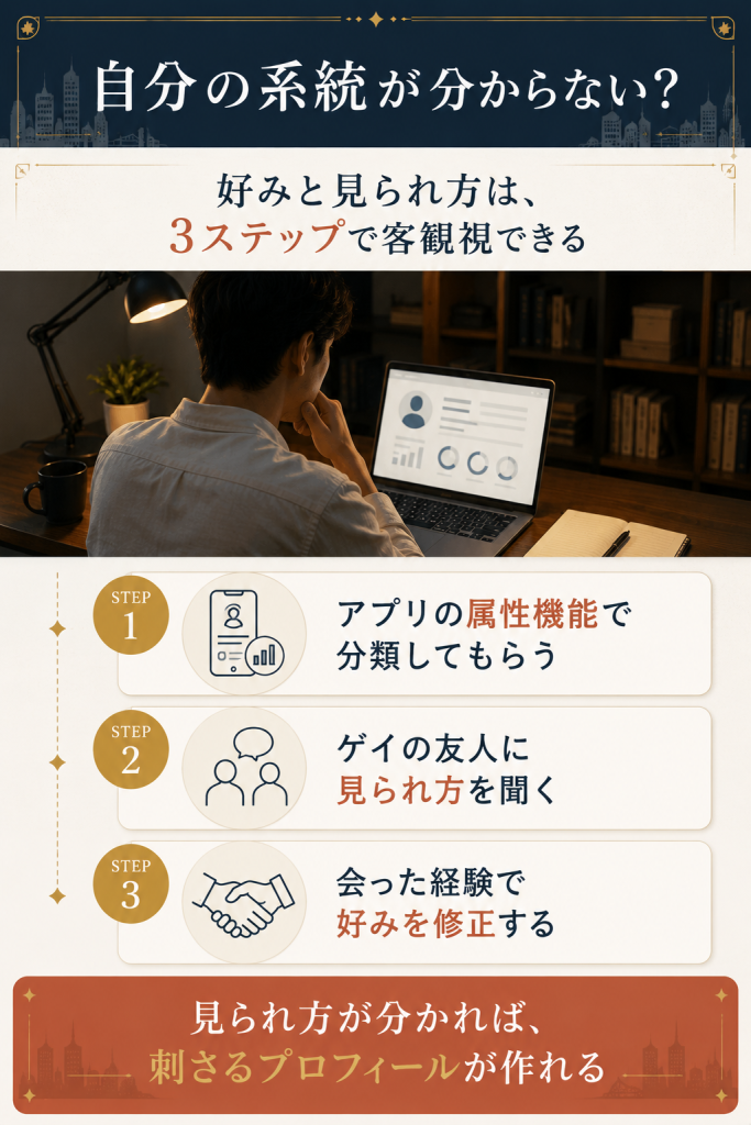 自分の系統と見られ方を客観視する3つのステップを示した図解