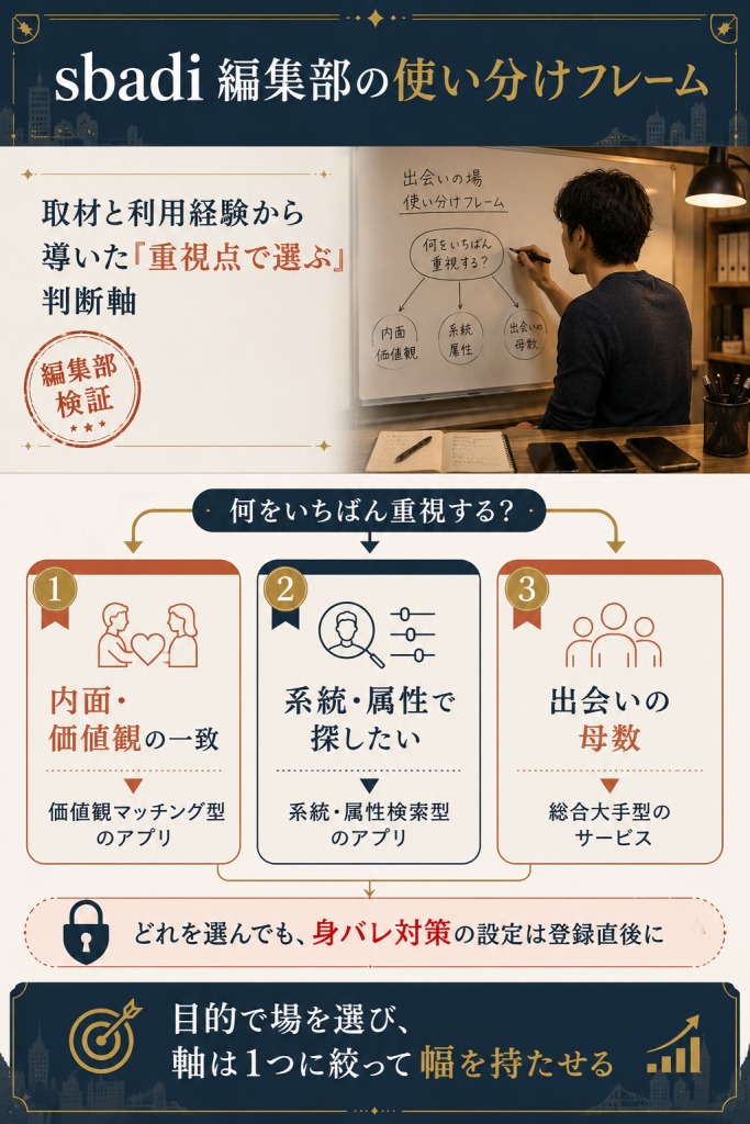 重視するポイント別に出会いの場を選ぶ編集部独自の使い分けフレームワーク図解