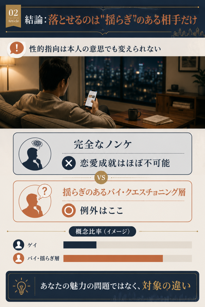 性的指向は変えられないことと、例外となる揺らぎのあるバイ・クエスチョニング層の存在を整理した図解