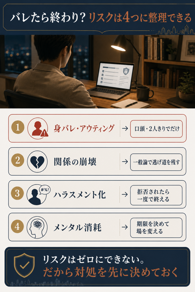ノンケへのアプローチに潜む身バレ・関係崩壊など4つのリスクと対処法を整理したカード型図解