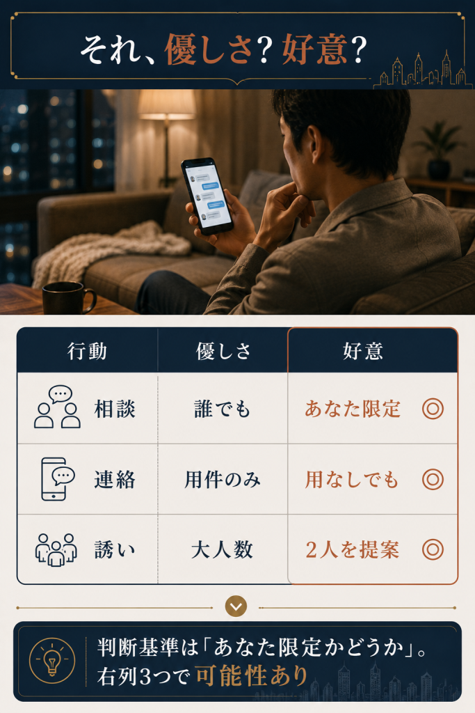 ただの優しさと好意の可能性を「あなた限定かどうか」で見分ける判断基準の比較図解