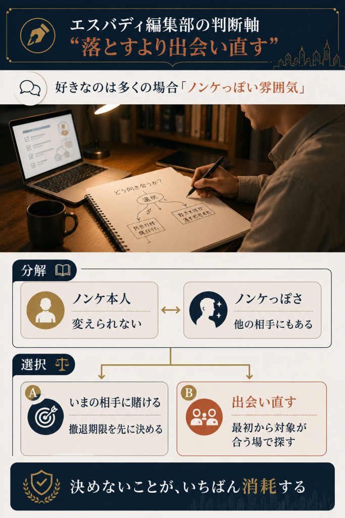 落とすより出会い直すというエスバディ編集部独自の判断軸。撤退期限と出会いの場の選び方を整理した図解