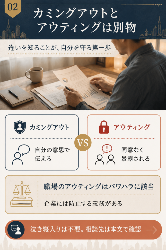 カミングアウトとアウティングの違いと、職場のアウティングがパワハラに該当することを示す対比図解
