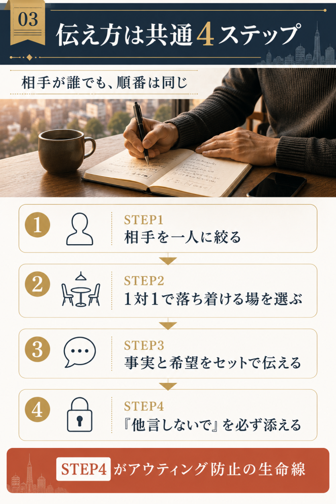 相手を一人に絞り口止めまで行う、カミングアウトの伝え方共通4ステップの図解