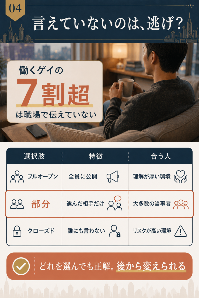 働くゲイの7割超が職場で伝えていないデータと、フルオープン・部分・クローズド3つの選択肢の比較図解