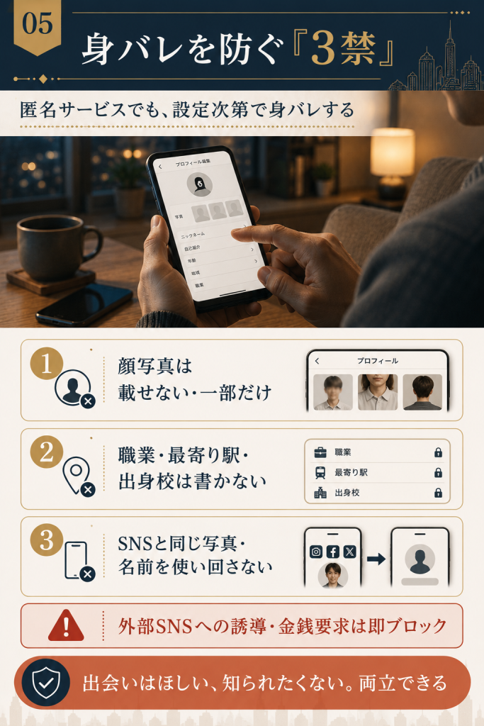顔写真・特定情報・使い回しを避ける、身バレを防ぐプロフィール設定3禁の図解