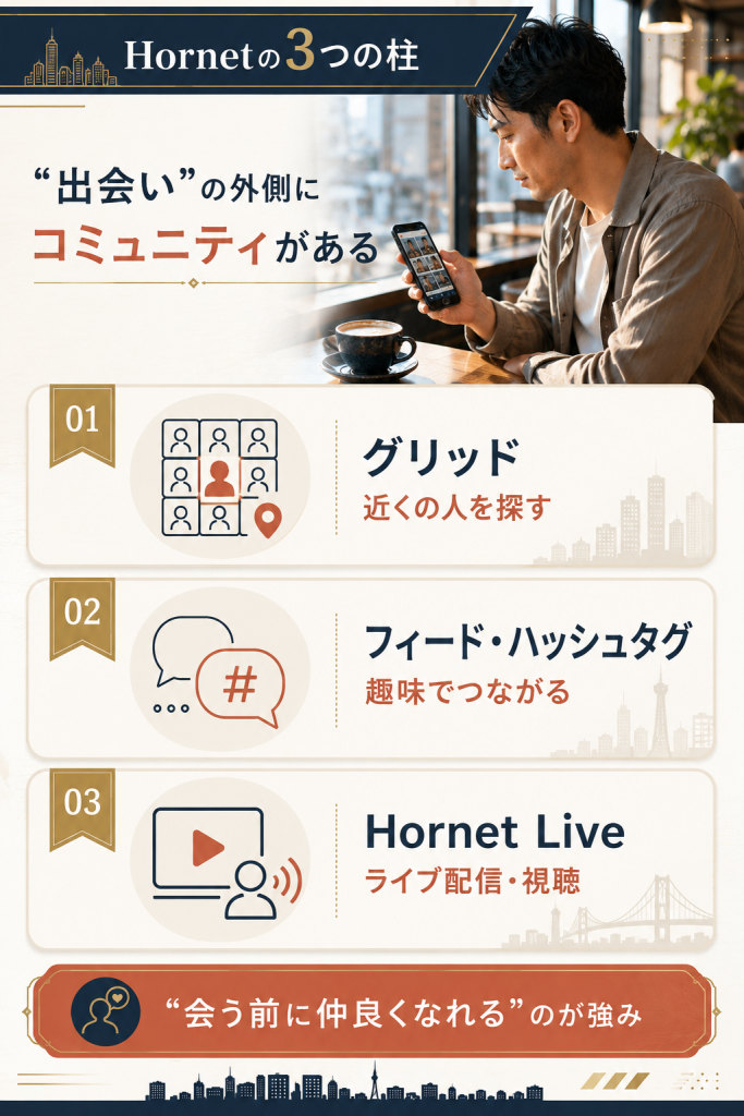 Hornetの特徴をまとめた整理図。グリッド・フィード・ライブ配信の3つの柱を縦に整理