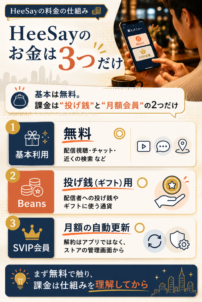 HeeSayの料金を無料・Beans・SVIPの3区分で示した課金の仕組み整理図