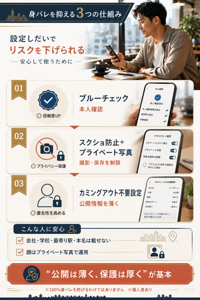 Hornetの身バレ対策をまとめた整理図。ブルーチェック・スクショ防止・カミングアウト不要設定を整理