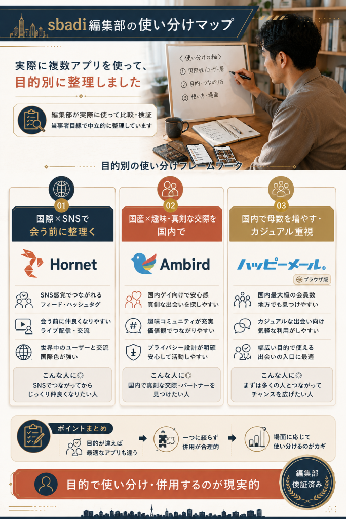 Hornetと国内ゲイアプリの使い分けを示すフレームワーク図。目的別の併用を編集部視点で整理