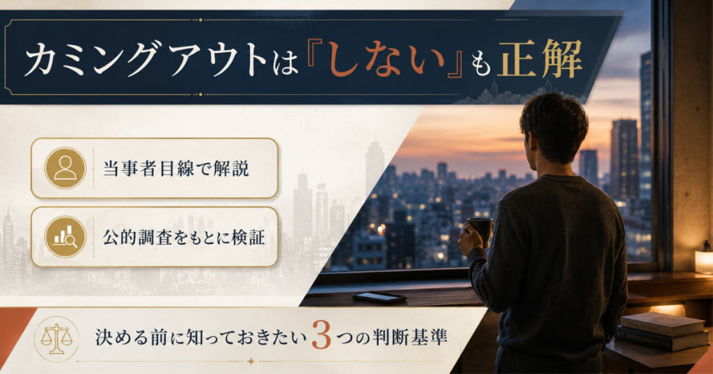 ゲイのカミングアウトは「しない」も正解であることを伝える、夕暮れの窓辺で考える男性のアイキャッチ画像
