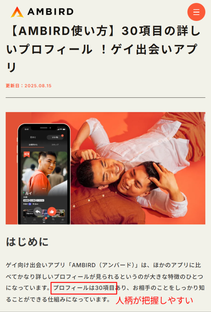 AMBIRD公式サイトに掲載されたプロフィール30項目に関する説明のスクリーンショット