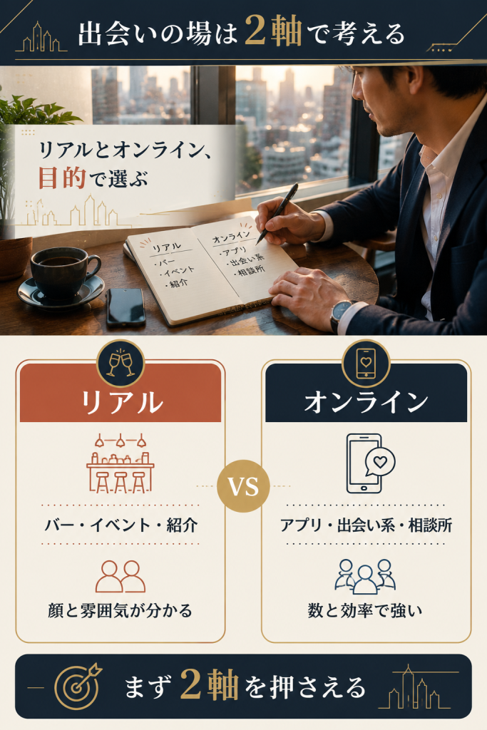 出会いの場をリアルとオンラインの2軸で対比した整理図