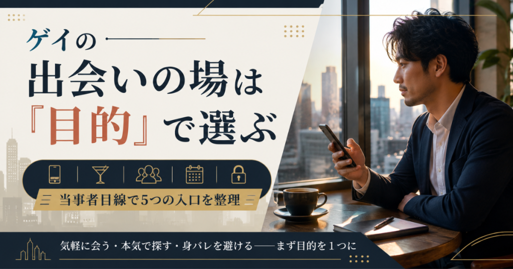 ゲイの出会いの場を目的別に整理したアイキャッチ図解。当事者目線で入口をまとめた1枚