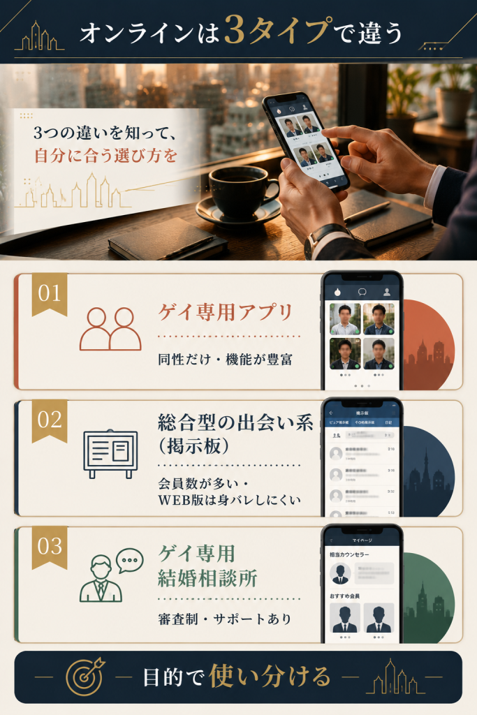 アプリ・出会い系・結婚相談所の違いを3タイプで整理した図解