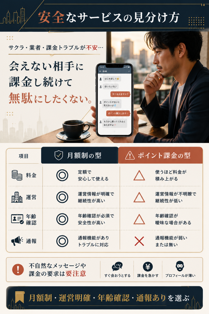 安全なサービスと注意が必要なサービスの見分け方を比較した図解