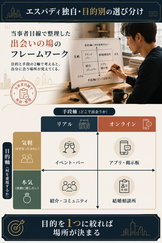 目的別に出会いの場を選び分ける当事者目線の独自マトリクス図